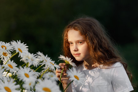Cute girl shelling daisy flower. Healthy, medical concept.の写真素材