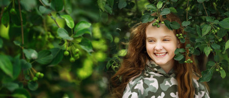Panoramic portrait of a beautiful girl show healthy white teeth smile. Empty space for text.の写真素材