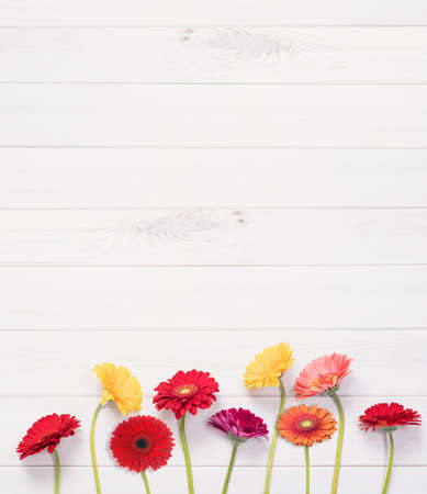Red, yellow gerbera flowers in wooden background. Hello spring, Easter concept.の写真素材