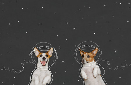 Cute dogs in the space suit drawing on blackboard. First trip to space concept. 12 april day,...