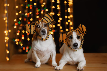New year background with jack russell dogs with tiger ears. Holiday, 2022 tiger year concept.の写真素材