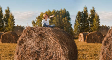 Child sitting on hay bale in a field. Harvest, freedom, happy childhoodの写真素材