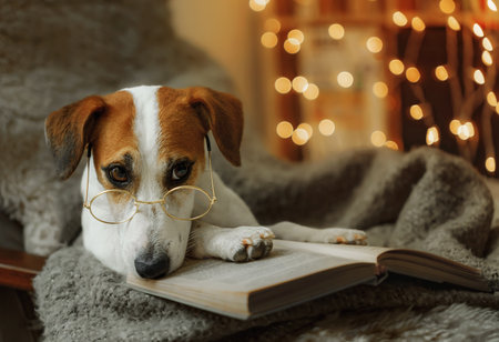 Smart dog in glasses, sits with a book in a chair. Jack russell terrier with glasses is resting with a book in a cozy armchair in the evening.の写真素材
