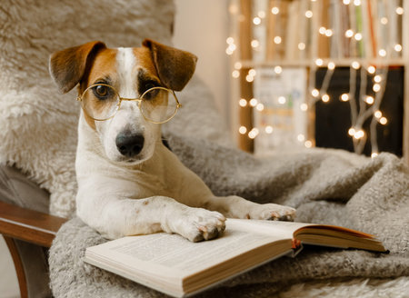Smart dog in glasses, sits with a book in a chair. Jack russell terrier with glasses is resting with...