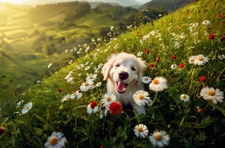 Funny portrait of a happy puppy, sticking out his tongue, lying on a green field with daisies.の素材