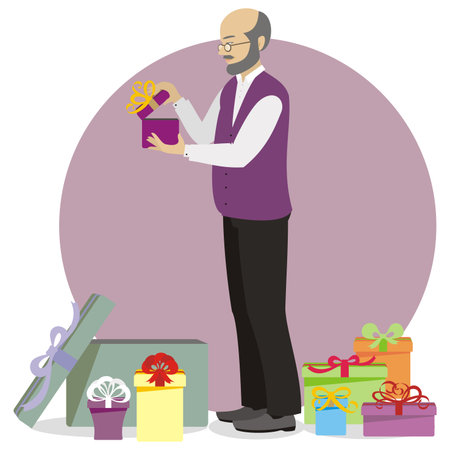 Old men with a gift in his hands, vector illustrationのイラスト素材