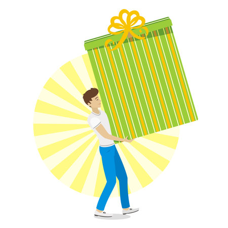 Vector illustration with great gift in hands of young manのイラスト素材