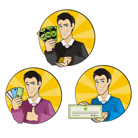 Vector illustration of a man with a variety of payment types in the handsのイラスト素材