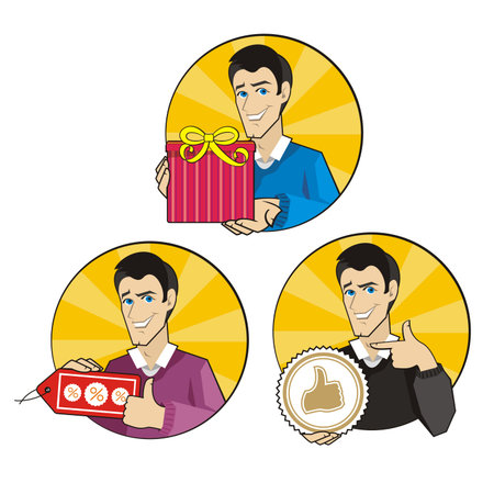 Vector illustration of a man with a variety of tabletsのイラスト素材