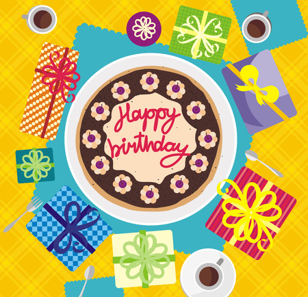 Birthday, gifts, holiday, vector illustration, top viewのイラスト素材