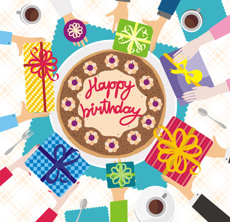 Birthday cake and gifts from friendsのイラスト素材