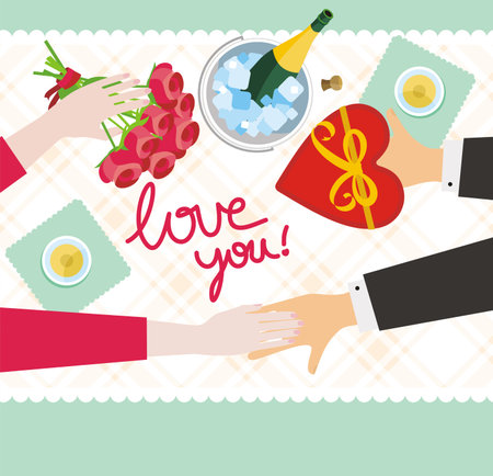 man gives a woman a gift, vector illustration, top viewのイラスト素材