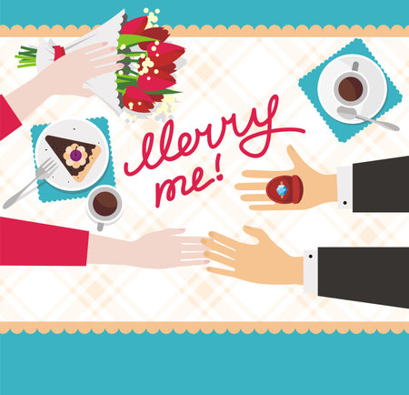 man gives an engagement ring to woman, top view, vector illustrationのイラスト素材