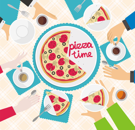 vector illustration depicting people at the table and pizzaのイラスト素材