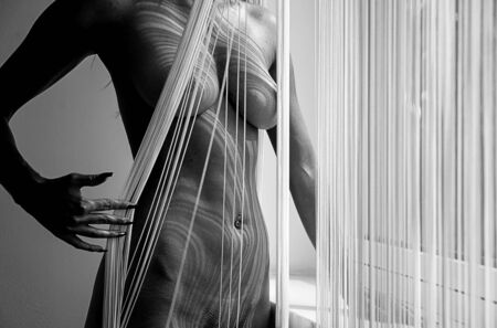 body of a young gorgeous woman, attractive, sexy, naked, partially obscured by the white threads of a falling string curtain decorative in beautiful shapes and shadows.の写真素材