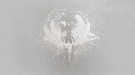 large color stain in the shape of an angel on the gray studio floor after throwing white paint on...