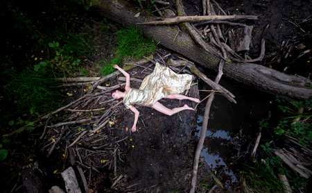 sexy young brunette woman lying dead dead after accident or crime in a golden dress in forest in mud between branches and tree trunks, copy spaceの写真素材