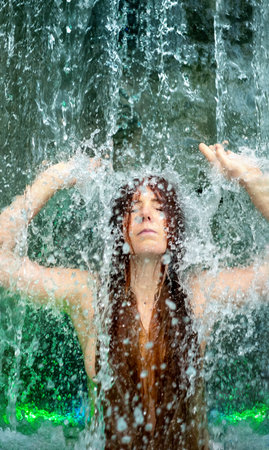 beautiful young sexy redhead woman under the splashing water of the waterfall, with green light, in the spa wellness pool, raises her arms, closes her eyes under the rippling water, copy spaceの写真素材