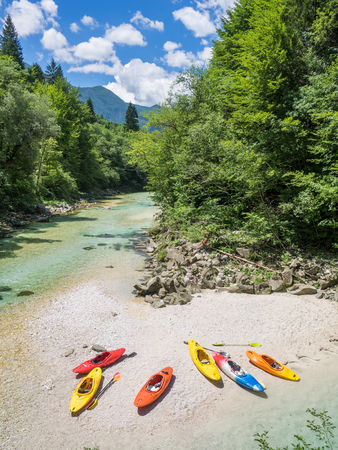 kayaks at the river soca in sloveniaの写真素材