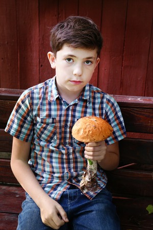 boy  have fun show orange-cap mashrooms on the country house backgroundの写真素材