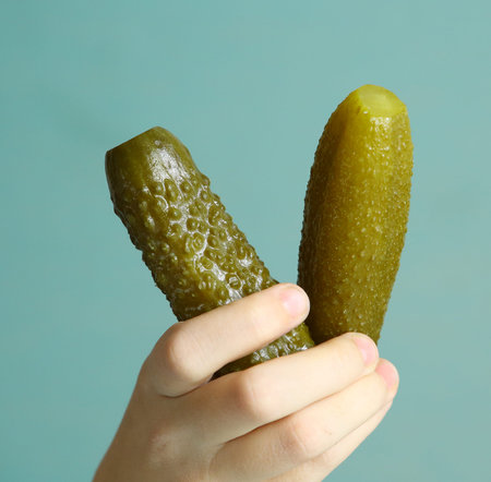 hand hold two marinated cucumbers close up photo on blue background