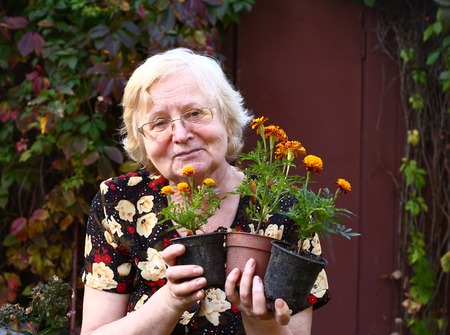 pensioner attractive woman close up portrait with pot plants in the gardenの写真素材
