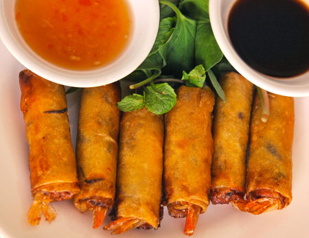 roasted vietnamese spring rolls with shrimp and sore sweet soy sauce