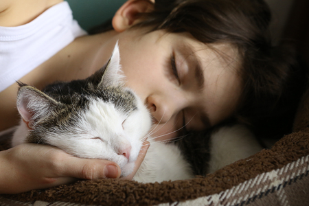 teenager boy sleeping with cat close up portraitの写真素材