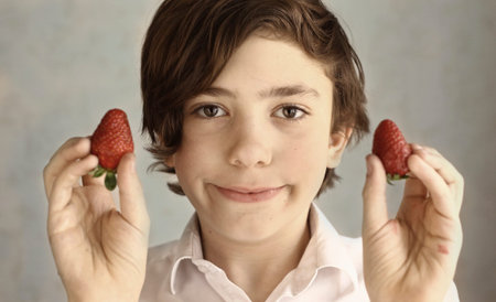 teen european boy hold strawberry smiling close up portraitの写真素材