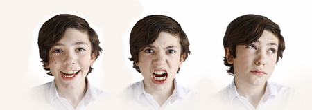 preteen boy emotion portraits - laughter, rage and doubt thinkingの写真素材