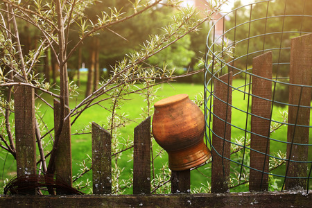 glue terracota pot  on the fence close up summer photoの写真素材