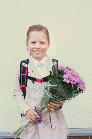 Moscow, Russia,September 1,2016: Unidentified first grade school kids with flowers bouquet celebrate their first school day before going to classes in Moscow, September 1, 2016.のeditorial素材