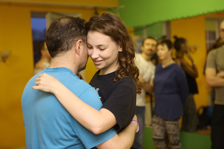 Moscow, Russia, September 11, 2017: Unidentified couples dancing in kizomba lesson class for adults in dance club in Moscow, September 11, 2017.のeditorial素材