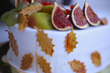 autumn fruit frame apple,  pear,fig, pomegranate, viburnum cut on the birthday cake surfaceの写真素材