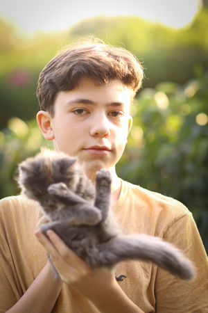 teenager boy with cat in cuddle on outdoor summer green garden backgroundの写真素材