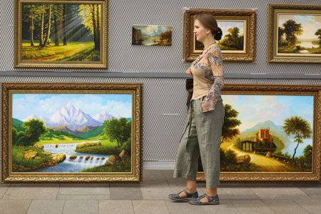 Moscow, Russia, August 12, 2019: Inidentified women walk on street on open air painting vernissage...