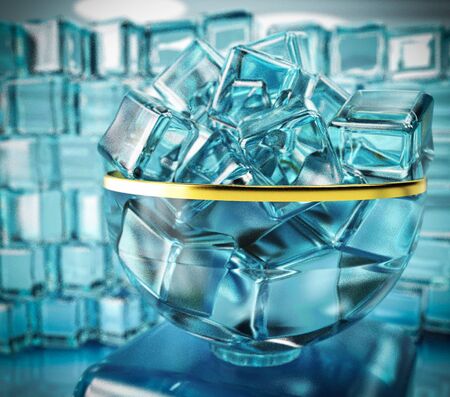 3d illustration of ice cube in bow vase on ice wall background with window and light reflexion backgroundの写真素材