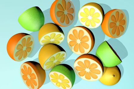 3d illustration of half cut orange lemon lime on blue background close upの写真素材