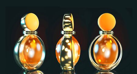 3d illustration perfume bottle stay on glass table with copy space on black backgroundの写真素材