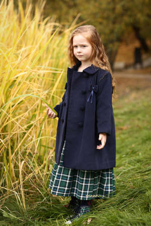 Irish little red haired girl laughing outdoor photo on fall landscape backgrounの写真素材