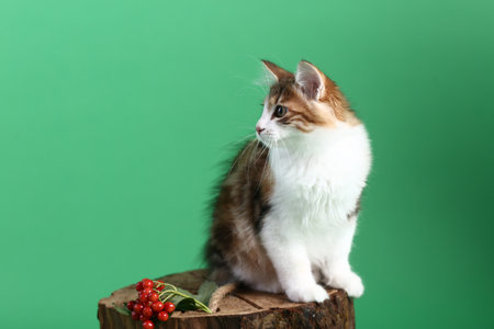 three color bobtail kitten close up photo on green backgroundの写真素材