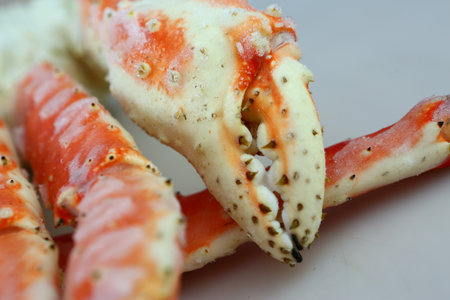 frosted Alaska king crab legs closeup photo on white table backgroundの写真素材