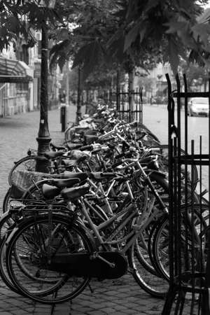 European bicycles in a city parked upのeditorial素材