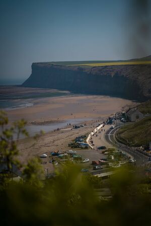 A view of the coastline and beach of Saltburn in Englandの写真素材
