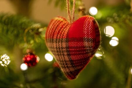 A fabric heart shaped Christmas Tree Decoration hanging from a treeの写真素材