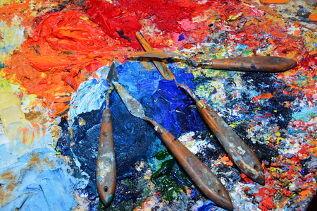 A painter's palette in his workshopの写真素材