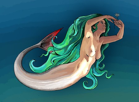 Beautiful naked mermaid with a flower in his handsの写真素材