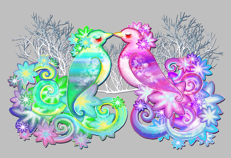Two enamored colored birds kissing on the branchesの写真素材