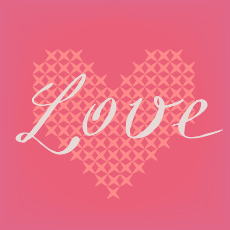 Romantic vector pink card with embroidered  pink heart and white lettering "Love"のイラスト素材