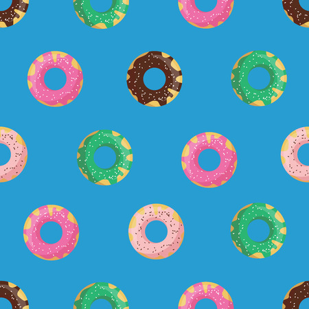 Vector seamless doughnut or donut pattern. Design for cards, menu, textile, fabric. Glazed sweets with chocolate, vanilla, strawberry and mint creamのイラスト素材
